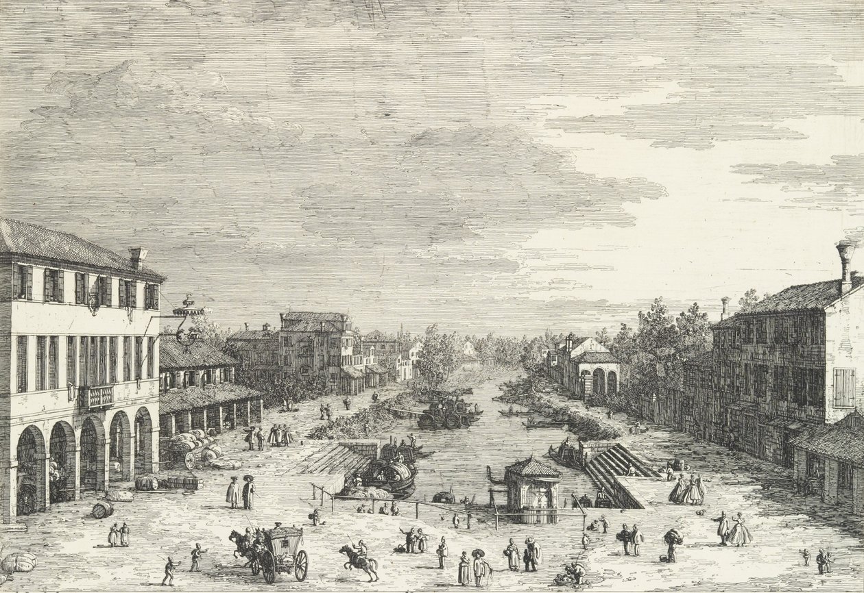 منظر لميستري ، نزل على اليسار ومبانٍ مختلفة أخرى محاطة بالقناة ، من 'منظر ... ، 1735-46. بواسطة كاناليتو