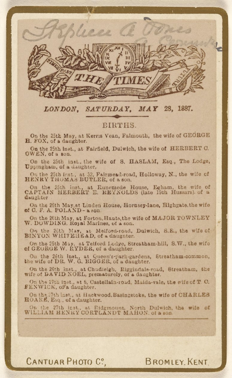 [صفحة إعلان الميلاد من صحيفة "التايمز"، لندن، السبت، 28 مايو 1887] بواسطة شركة كانتوار للتصوير الفوتوغرافي
