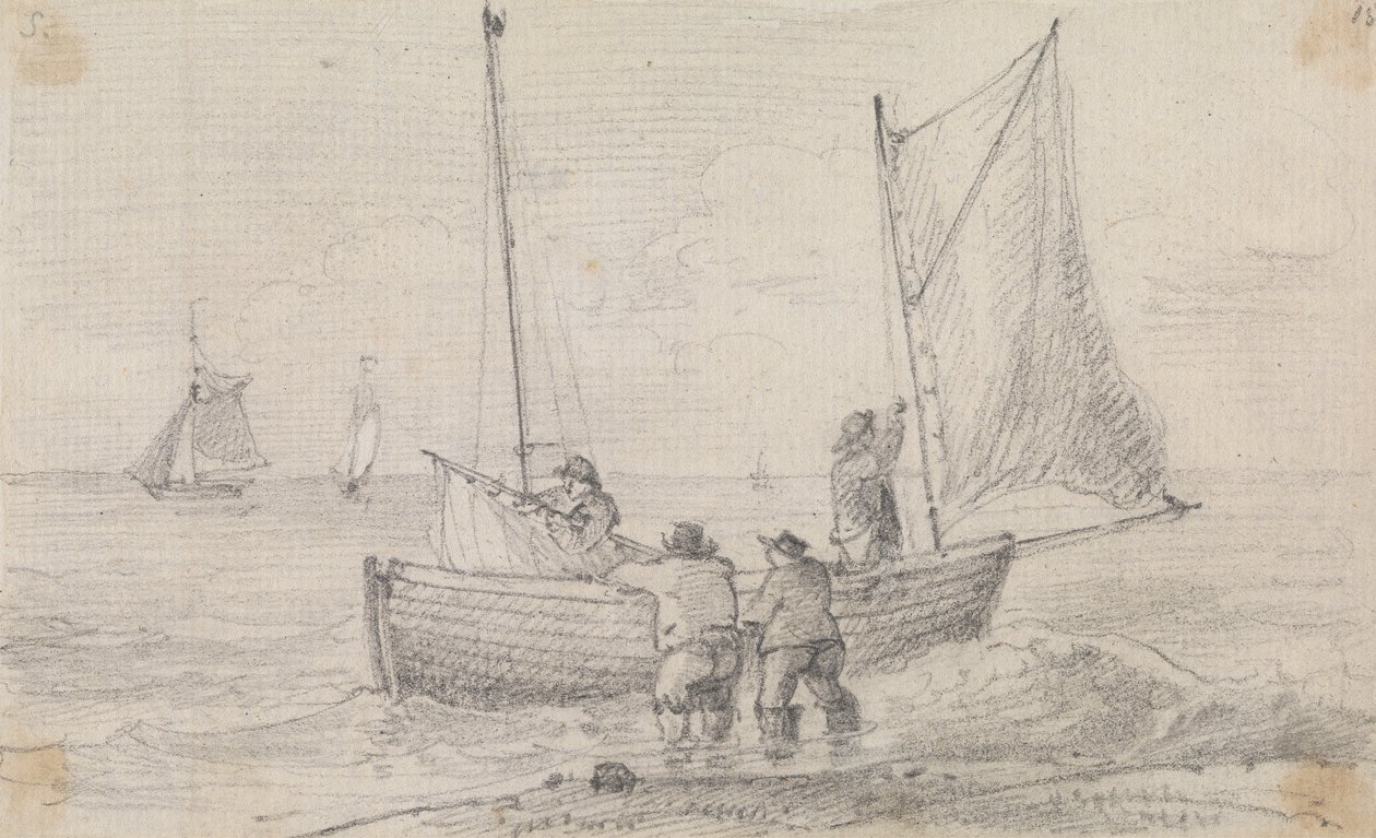 رسم تخطيطي لمجموعة تحضير الأشرعة بالقرب من الشاطئ ، هاستينغز بواسطة نقيب. توماس هاستينغز