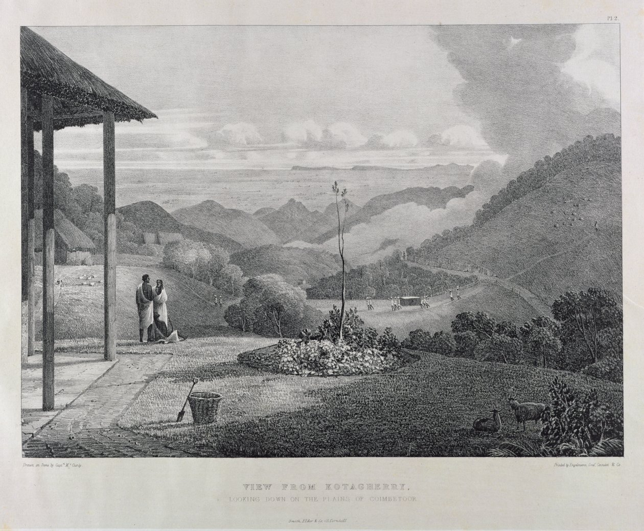 منظر من Kotagherry المطل على سهول Coimbetoor ، اللوحة 2 من "View of the Neilgherries ، أو Blue Mountains of Coimbetoor ، جنوب الهند" بواسطة الكابتن مكوردي ، نُشر عام 1830 بواسطة الكابتن EA McCurdy