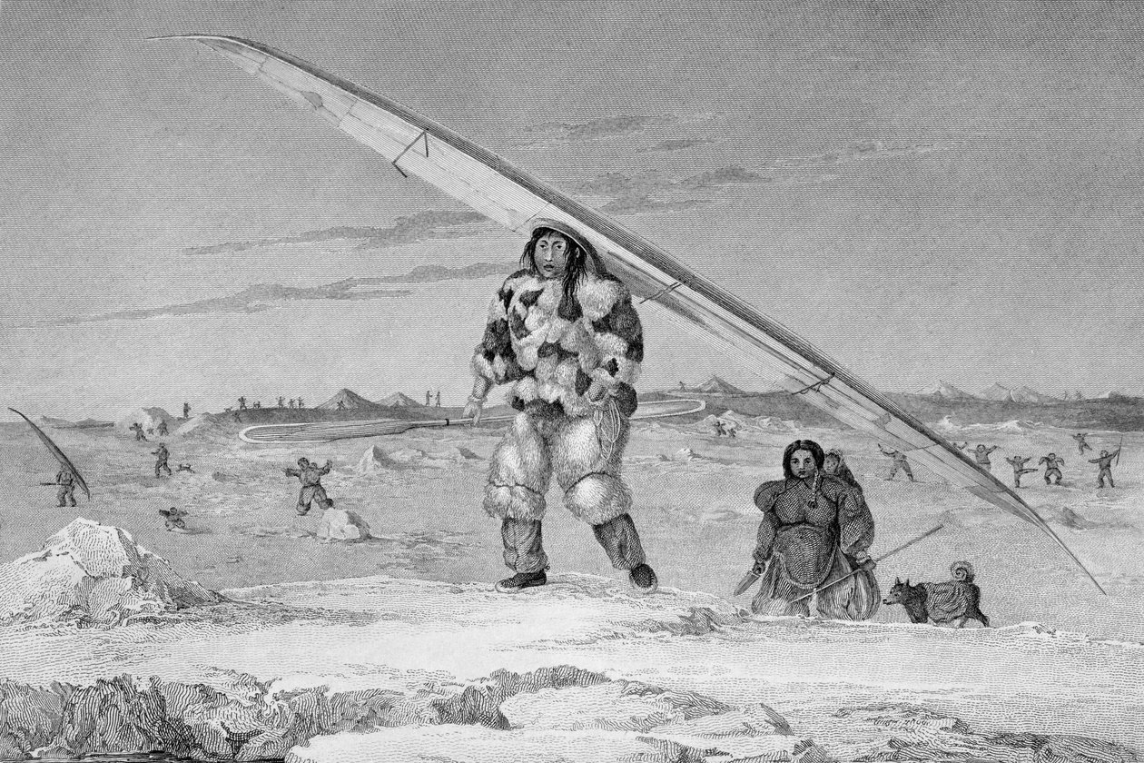 Eskimaux من Igloolik ، يرتدي سترة جلد الطيور ، ويحمل زورقه إلى الماء ، من مجلة Journal of a Second Voyage لاكتشاف ممر شمالي غربي من المحيط الأطلسي إلى المحيط الهادئ. بواسطة الكابتن جورج فرانسيس ليون