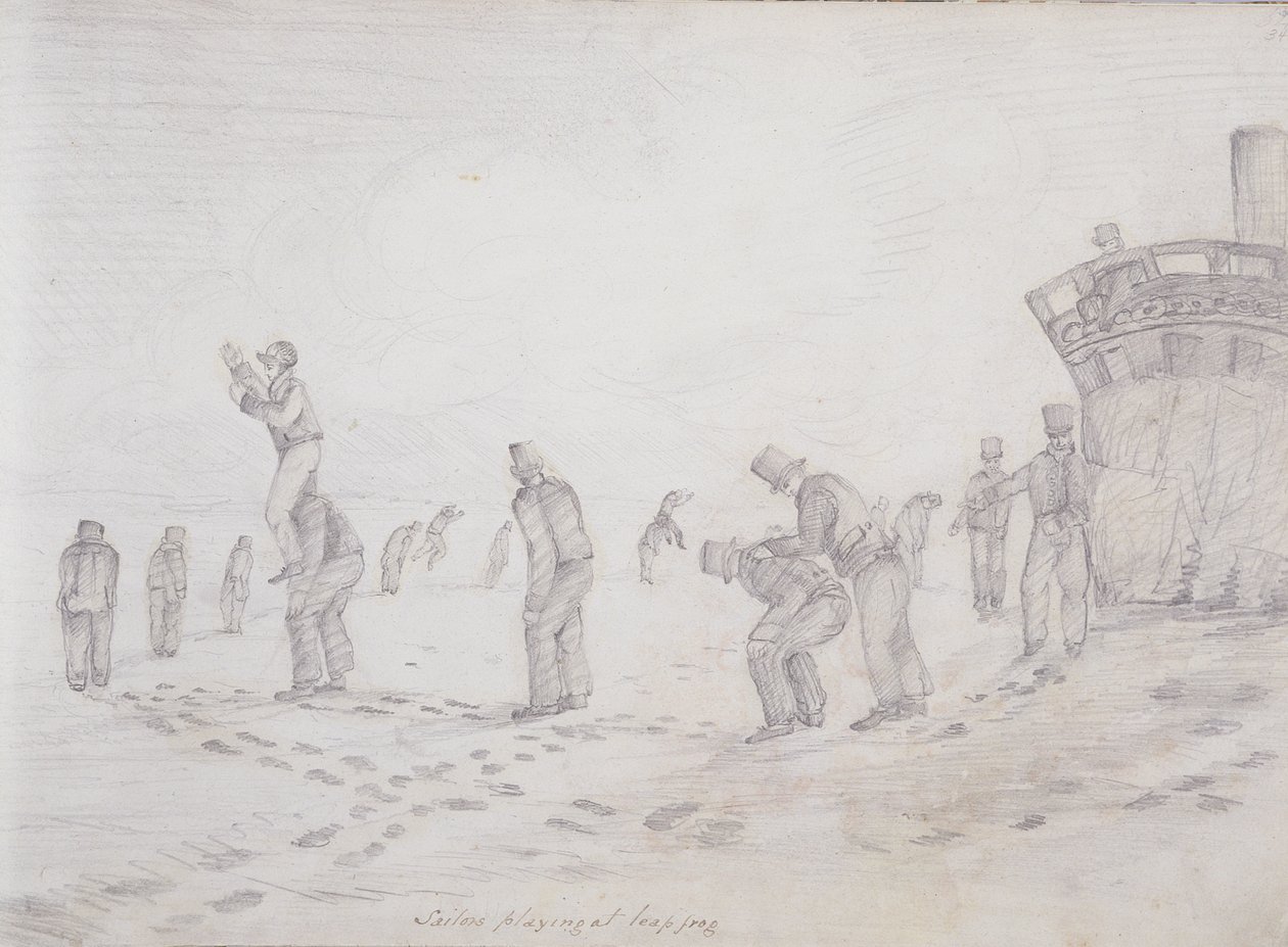 البحارة يلعبون في Leap Frog ، من "اسكتشات بعثة باري القطب الشمالي الثانية" ، 1821-2 (الجرافيت على الورق) بواسطة الكابتن جورج فرانسيس ليون