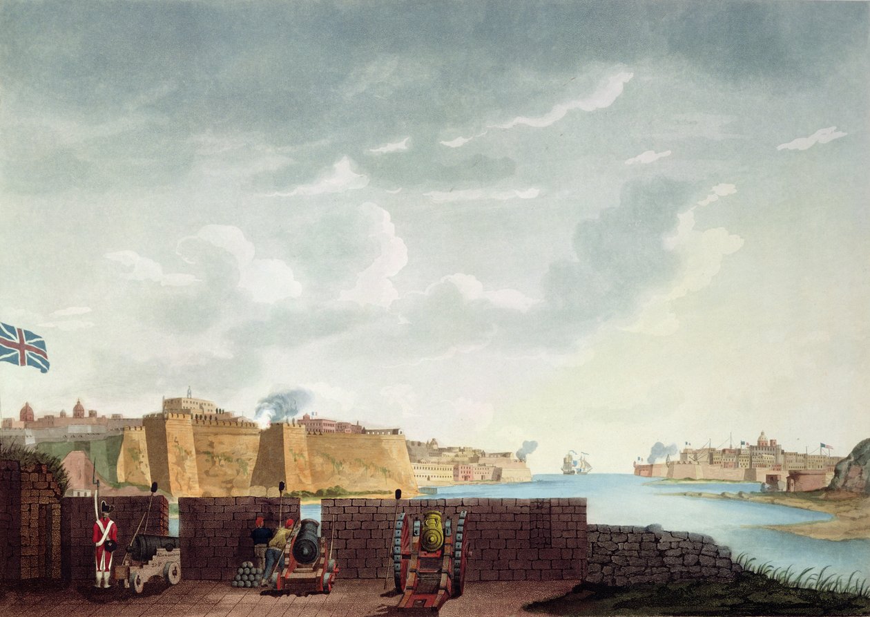 منظر لا فاليتا خلال حصار عام 1800 ، محفور بواسطة فرانسيس تشيسام ، 1803 بواسطة الكابتن جيمس وير