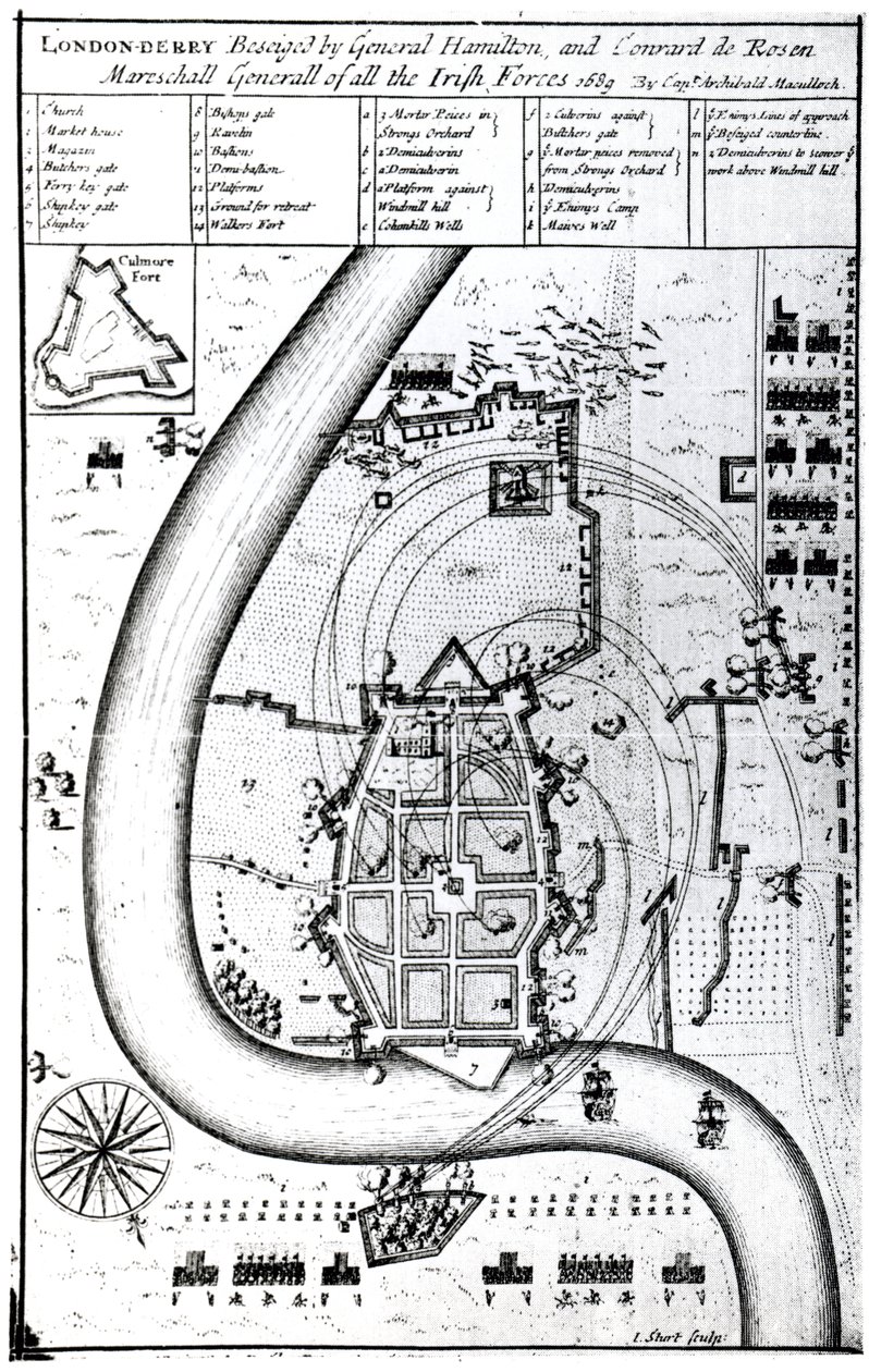 Londonderry Beseiged من قبل الجنرال هاميلتون وكونراد دي روزين ، نقش بواسطة J. Sturt ، 1689 بواسطة الكابتن ارشيبالد ماكولوش