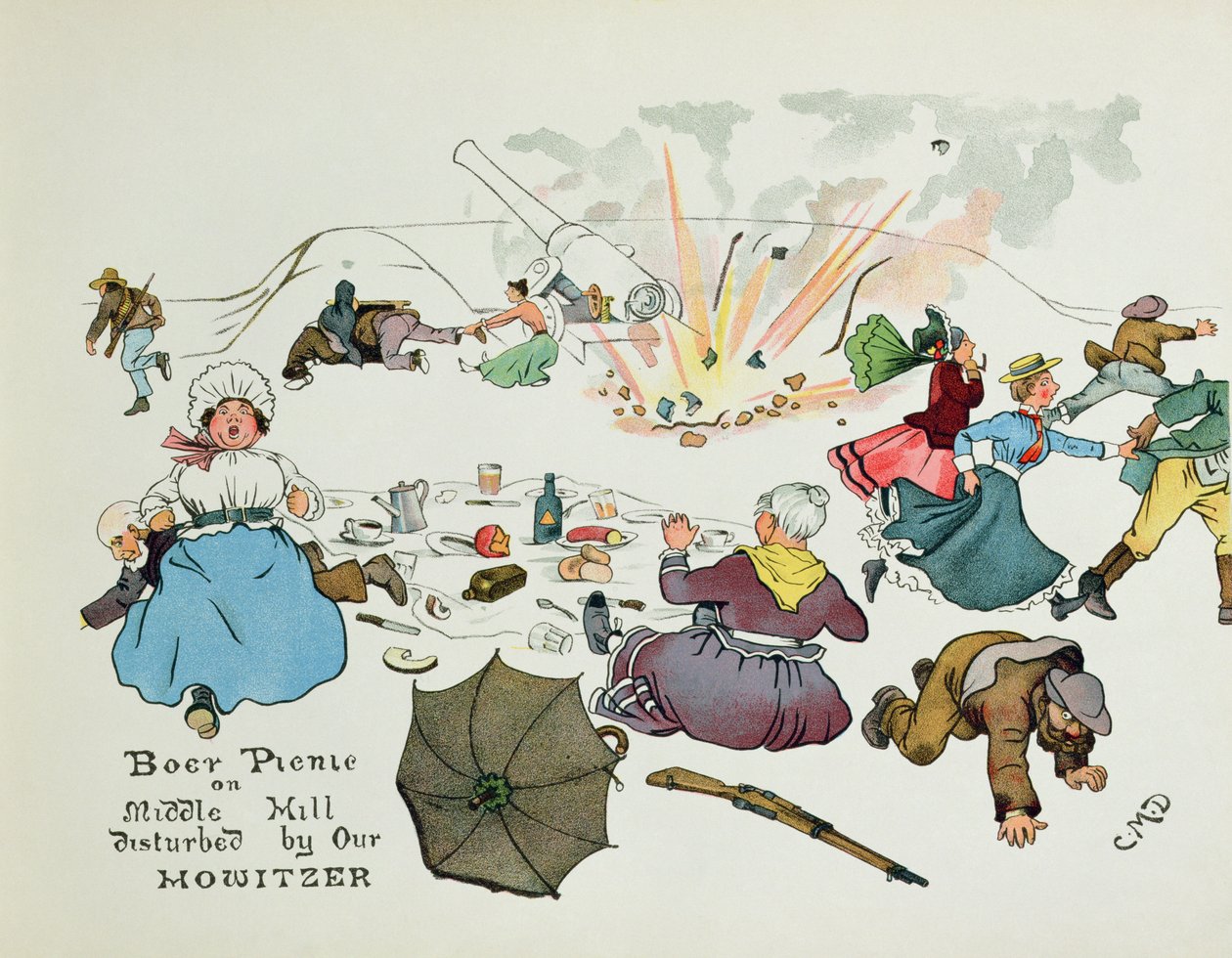 نزهة البوير في ميدل هيل منزعجة من هاوتزر ، من "Leaguer of Ladysmith" ، 1900 بواسطة الكابتن كليف ديكسون