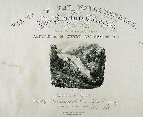 Elk Cataract ، Dimhutty ، صفحة العنوان لـ View of the Neilgherries ، أو Blue Mountains of Coimbetoor ، جنوب الهند بواسطة الكابتن مكوردي ، نشر عام 1830 بواسطة الكابتن EA بعد مكوردي