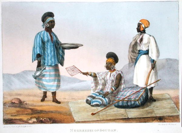 زنجيات السودان ، من "سرد الرحلات في شمال أفريقيا في الأعوام 1818-19 و 1820" ، نقش بواسطة دينيس دايتون (1792-1827) نُشر عام 1821 (لون ليثو) بواسطة الكابتن جورج فرانسيس (بعد) ليون