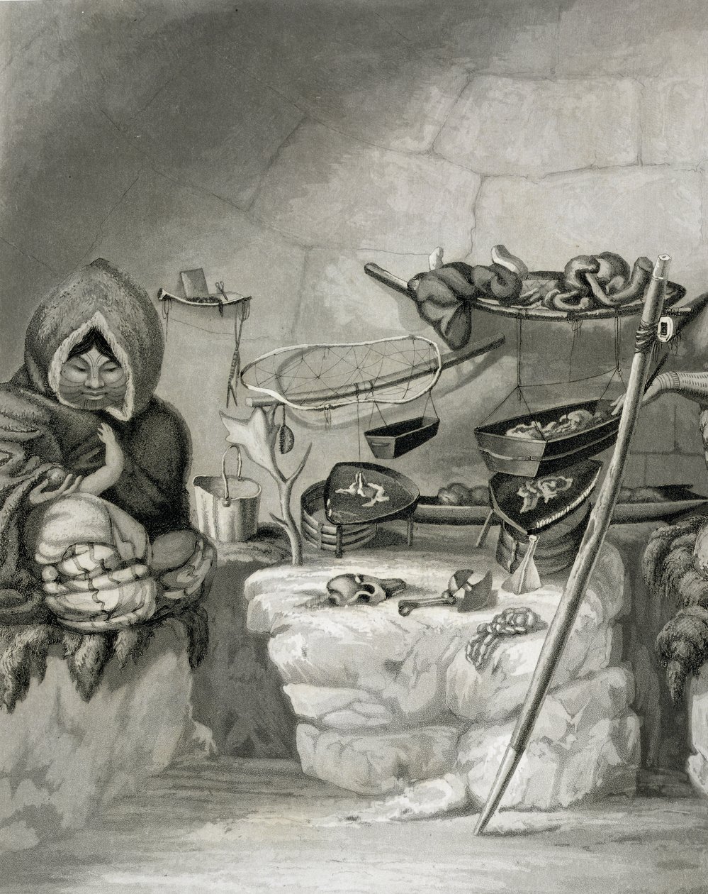 منظر داخلي لإسكيمو سنو هت ، جزيرة وينتر 1822 ، محفورة من قبل حانة إدوارد فرانسيس فيندن (1791-1857). بقلم جون موراي ، 1824 بواسطة الكابتن جورج فرانسيس ليون