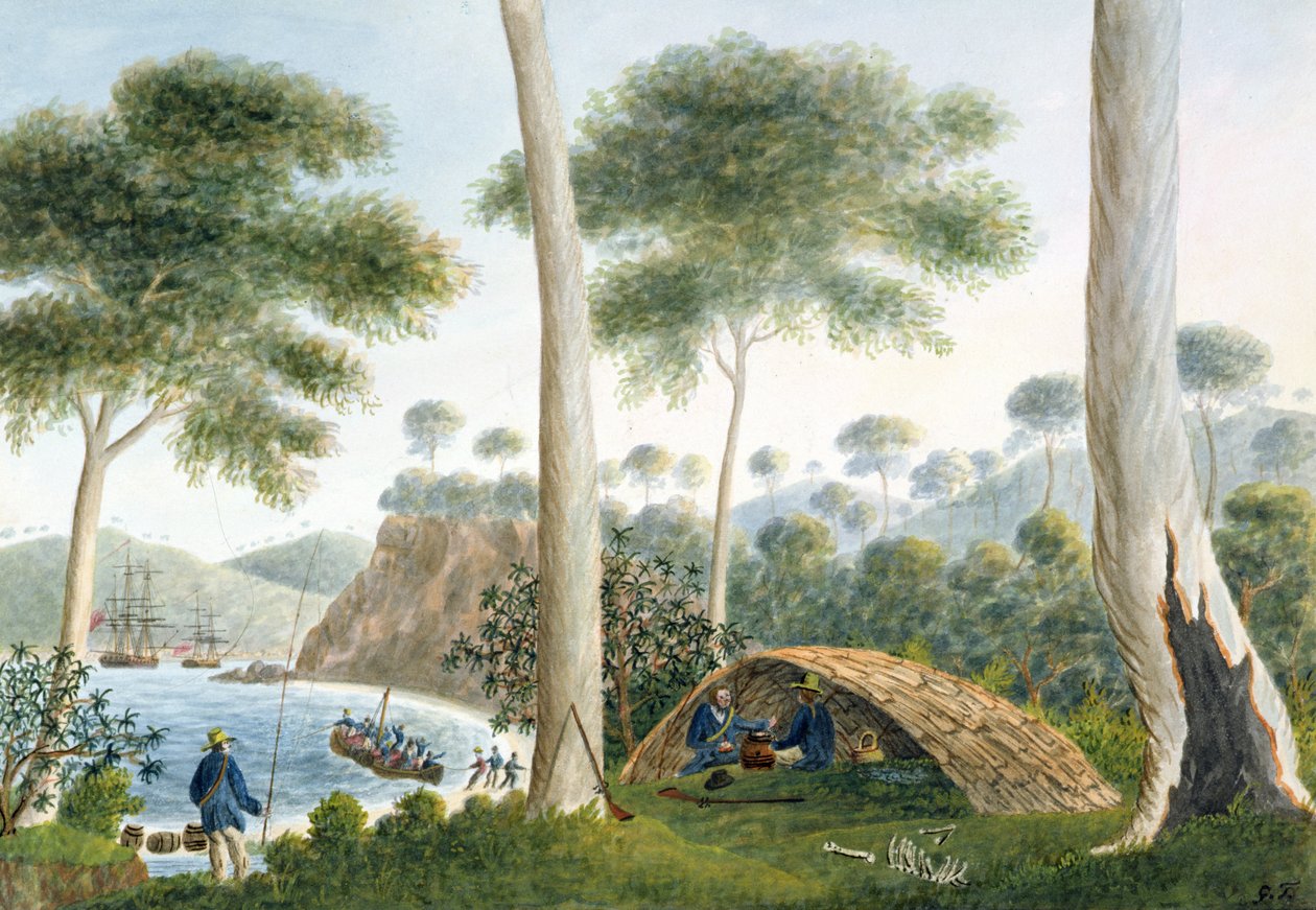 الكوخ الأصلي (أو Wigwam) في Adventure Bay ، أرض فان ديمان ، 1792 بواسطة الكابتن جورج توبين