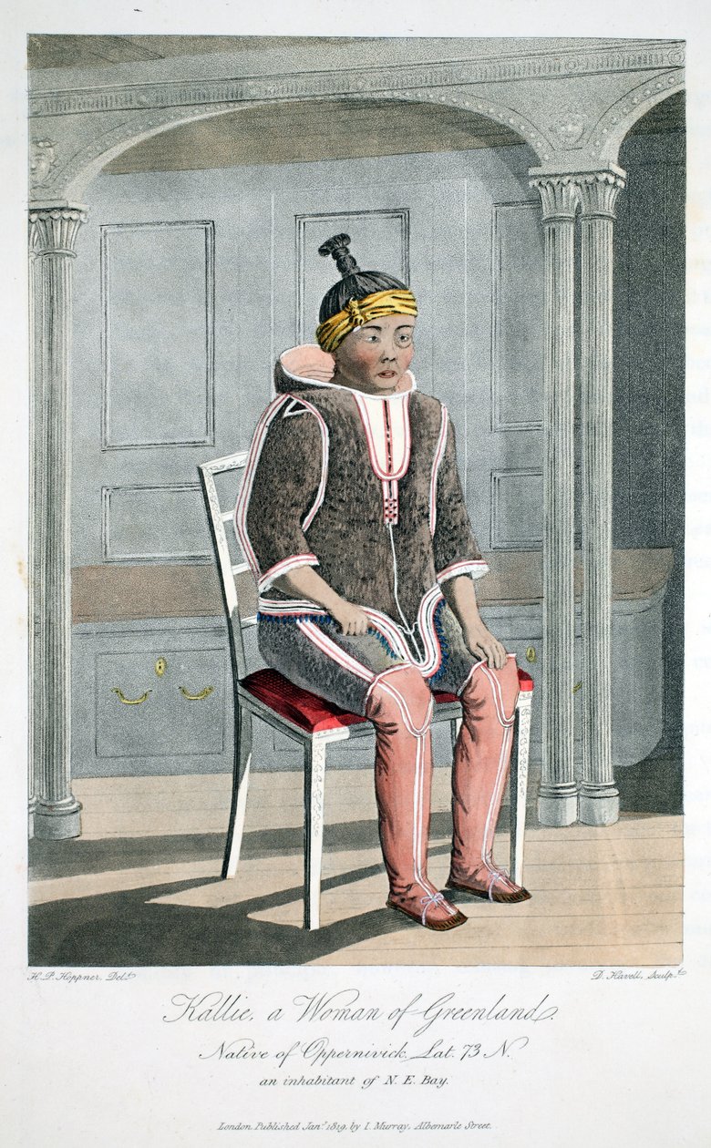 كالي ، امرأة من جرينلاند ، مواطن أوبيرنيفيك ، رسم توضيحي من "رحلة اكتشاف ..." ، 1819 (نقش يدوي) بواسطة الكابتن هوبنر