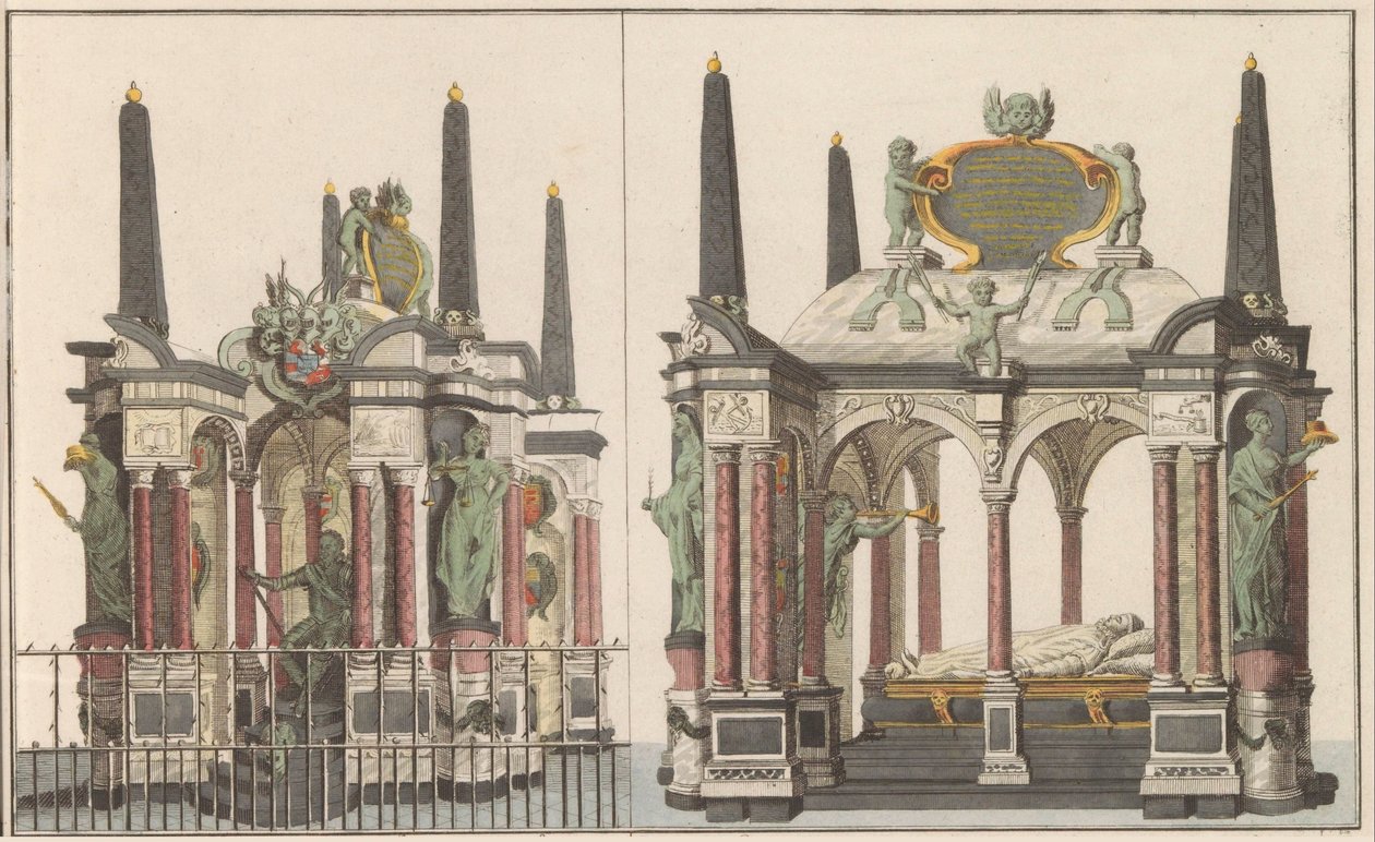 Praalgraf van Willem van Oranje في ديلفت ، كاليفورنيا. 1790 الضريح الرائع للعائلة المالكة في الكنيسة الكبرى في دلفت / نفس الضريح مأخوذ من الجانب الشمالي (العنوان على الجسم) بواسطة كاريل فريدريك بندورب (الأول) (ربما)