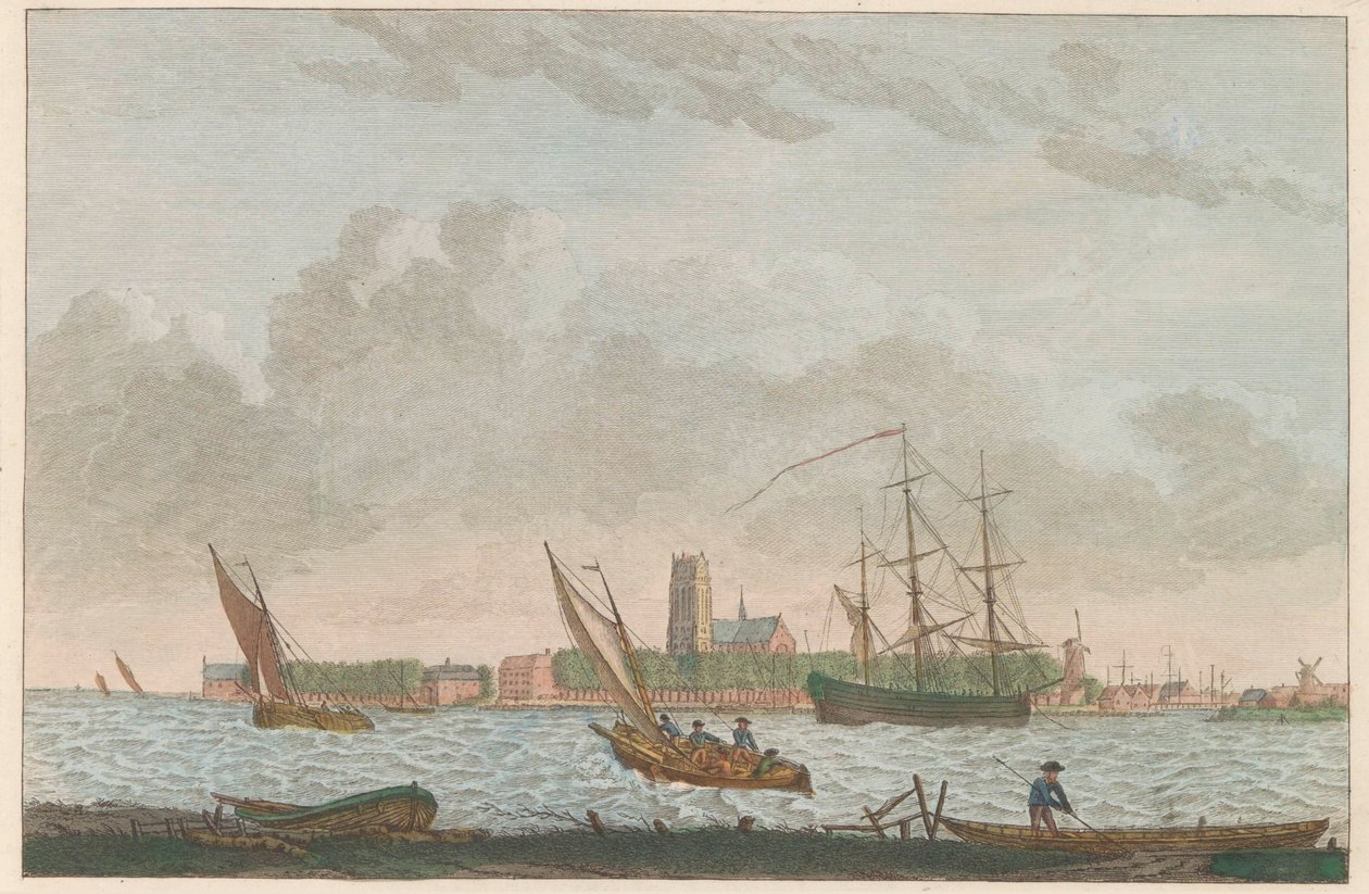 Dordrecht من Merwede ، حوالي 1790 Dordrecht van de Merwe to see / La ville Dordrecht - prize du coté dela riviere dite la Merwe (العنوان على الكائن) بواسطة كاريل فريدريك بندورب (أنا)