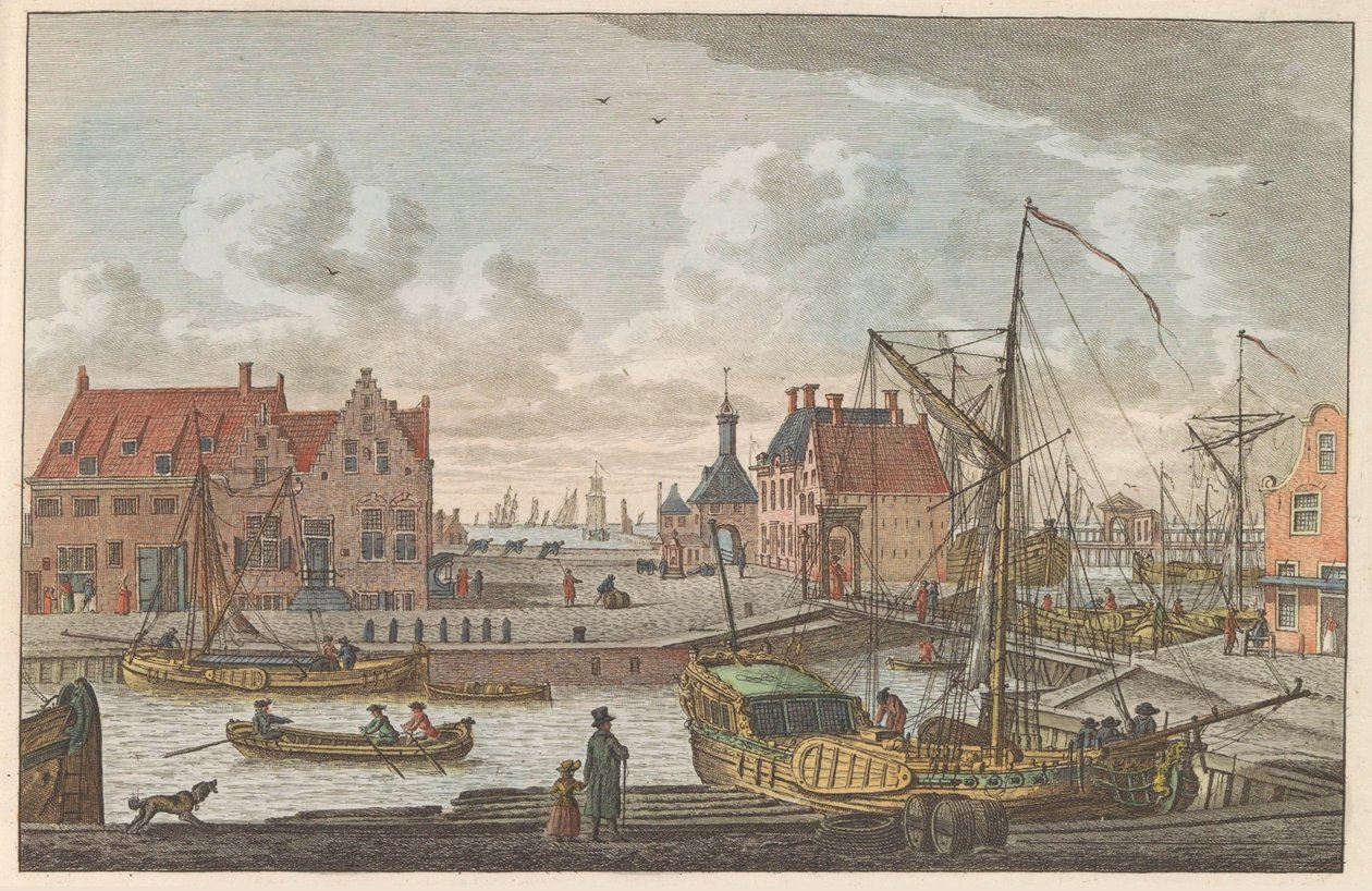 بوابة ميناء هارلينجن ، حوالي 1790 The Haven Poort in Harlingen / Vue de la porte au port à harlingen - premier port dela Frize (العنوان على الكائن) بواسطة كاريل فريدريك بندورب (أنا)