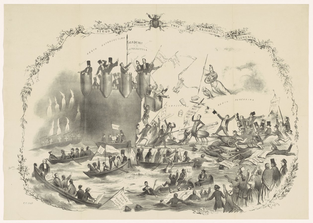 كارتون من خطط Thorbecke لإغلاق Utrechtse Hogeschool ، 1863 معركة بين عنصرين قويين (العنوان على الكائن) بواسطة كاريل هندريك ثيبوت