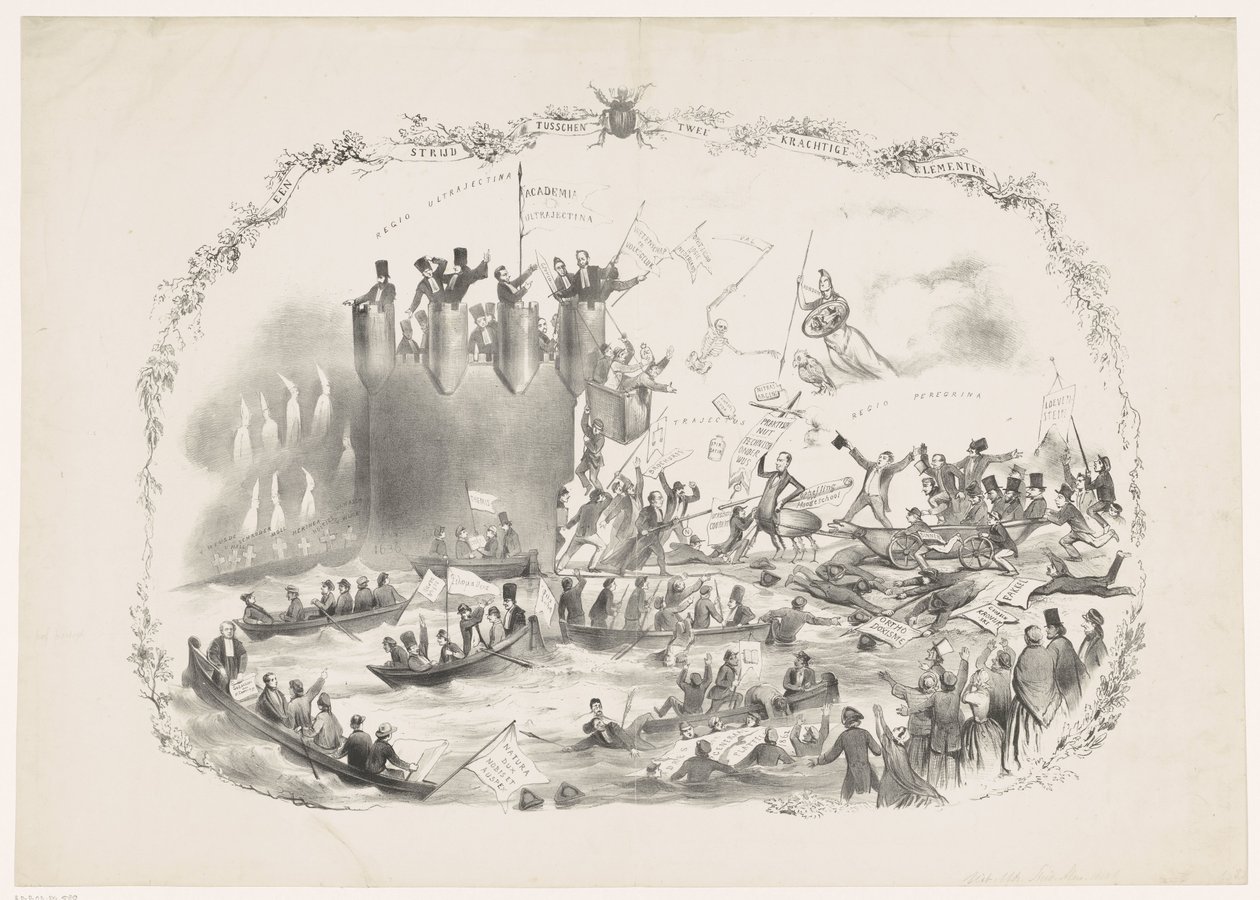 كارتون من خطط Thorbecke لإغلاق Utrechtse Hogeschool ، 1863 معركة بين عنصرين قويين (العنوان على الكائن) بواسطة كاريل هندريك ثيبوت