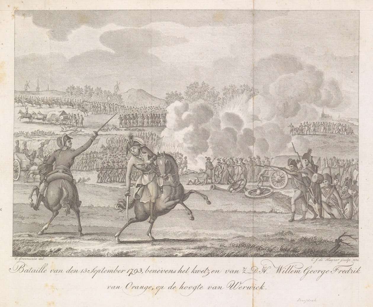 أصيب الأمير فريدريك بالقرب من ويرفيك ، 1793 باتاي في 13. سبتمبر 1793 ، إلى جانب جرح هـ.د. فيليم جورج فريدريك فان أورانج ، تعرف على ويرويك (العنوان على الكائن) بواسطة كاريل جاكوب دي هويسر