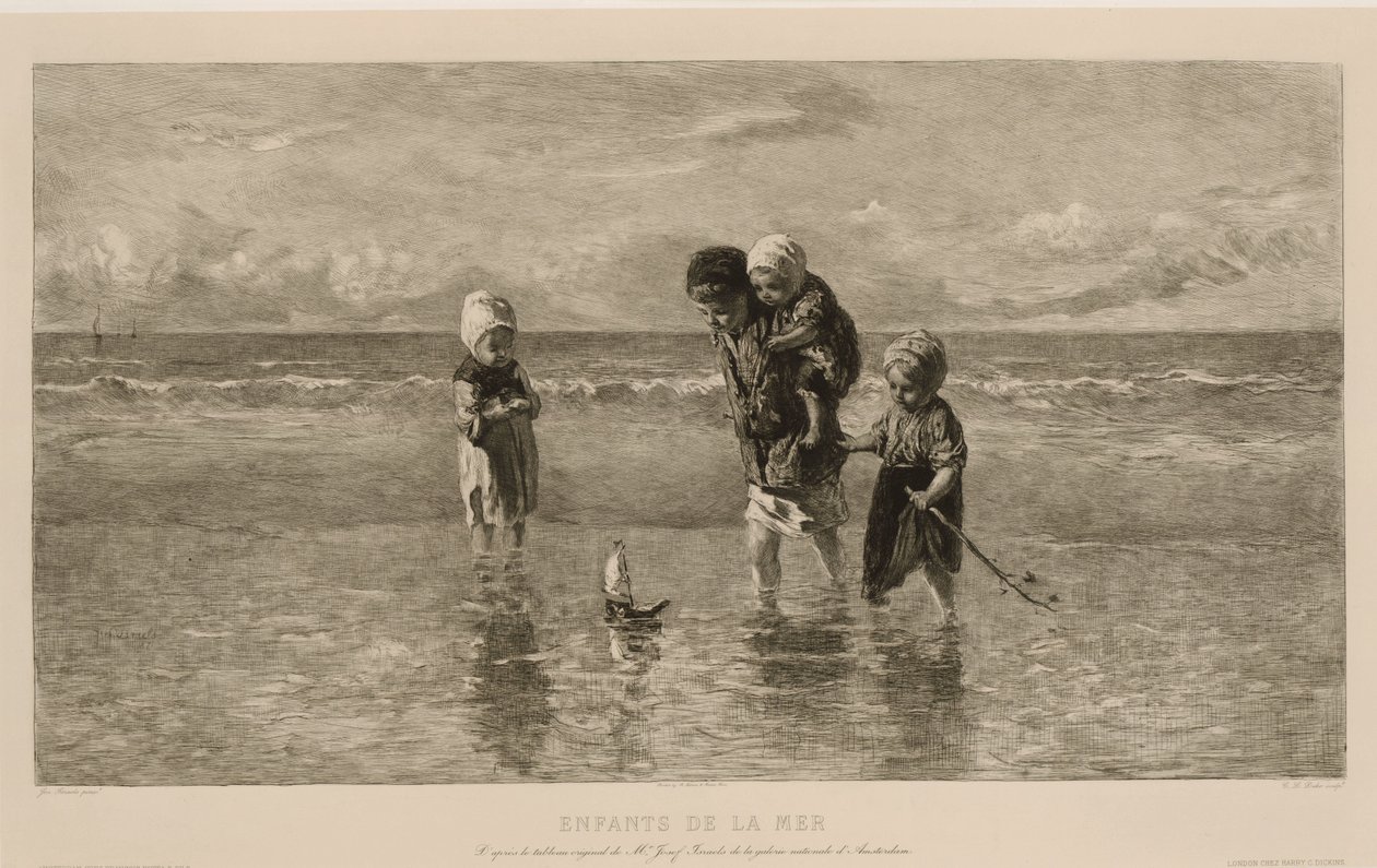 أربعة أطفال يلعبون بقارب لعبة على الشاطئ في مياه البحر الضحلة أطفال البحر Enfants de la Mer (العنوان على الكائن) بواسطة كاريل لوديويجك داكي