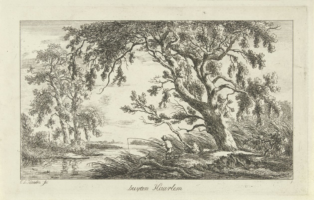 صياد في منظر نهر Buyten Haarlem (العنوان على الكائن) المناظر الطبيعية (a-f) (عنوان المسلسل) بواسطة كاريل لودويجك هانسن