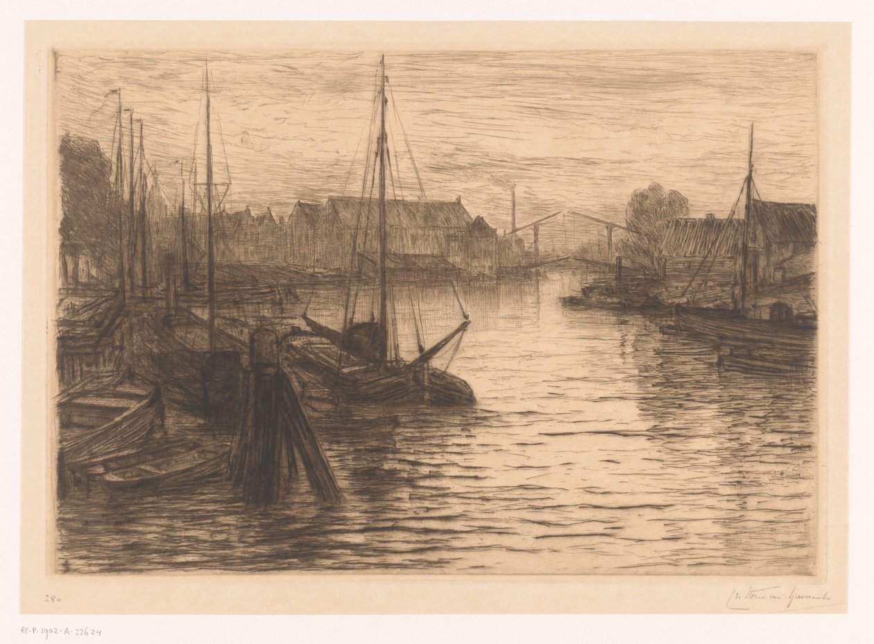 Riedijkshaven in Dordrecht ليلاً Dordrecht ، Rietdykshaven ، le soir (العنوان الأصلي) بواسطة كاريل نيكولاس ستورم فان غريفساندي (توقيع الفنان)