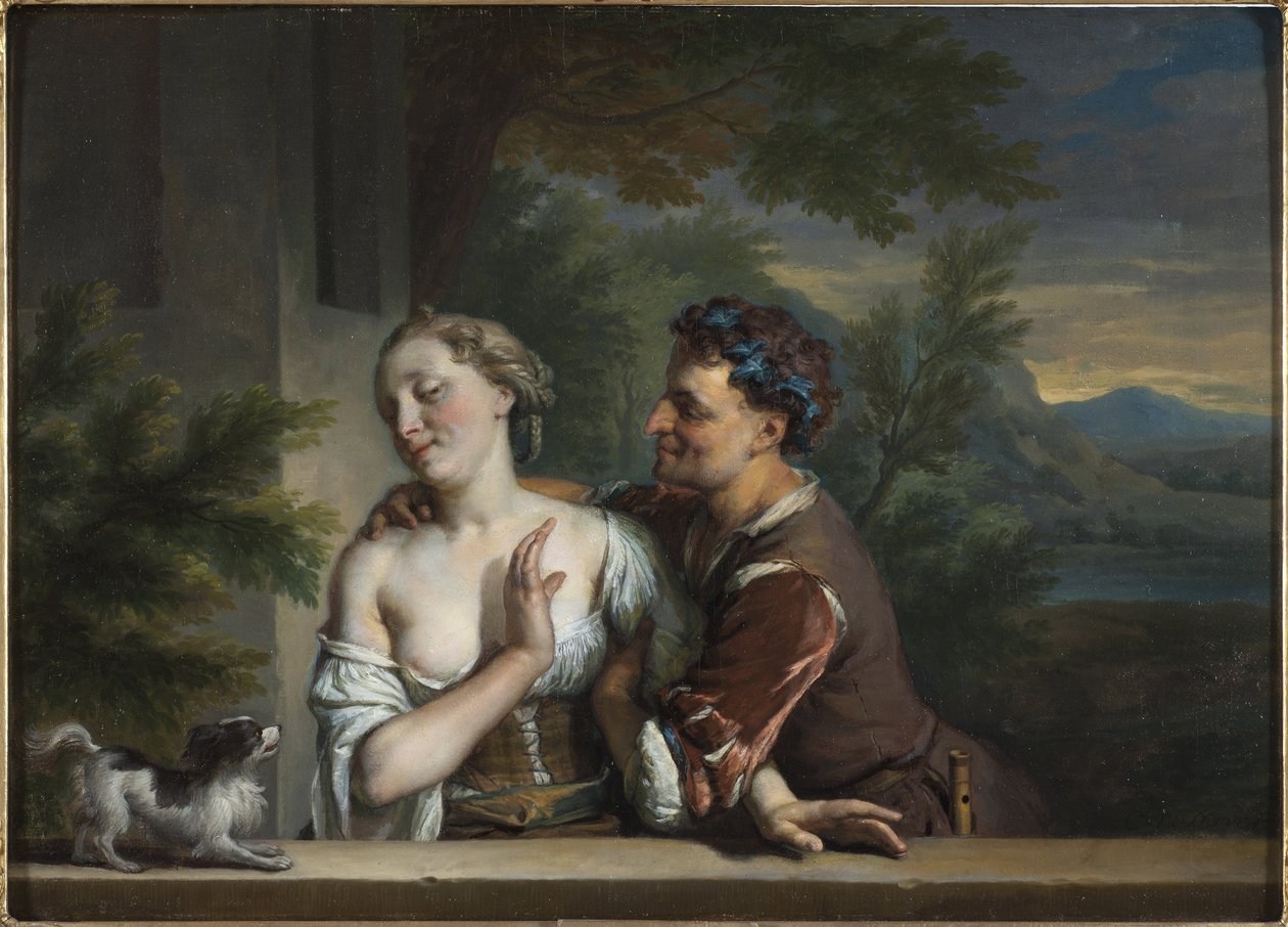 رجل يحاول احتضان امرأة - رجل يحاول احتضان امرأة ، بقلم كاريل (تشارلز) دي مور (1656-1738). زيت على قماش. الأبعاد: 33.5 × 47 سم. المتحف الوطني ستوكهولم بواسطة كاريل دي مور