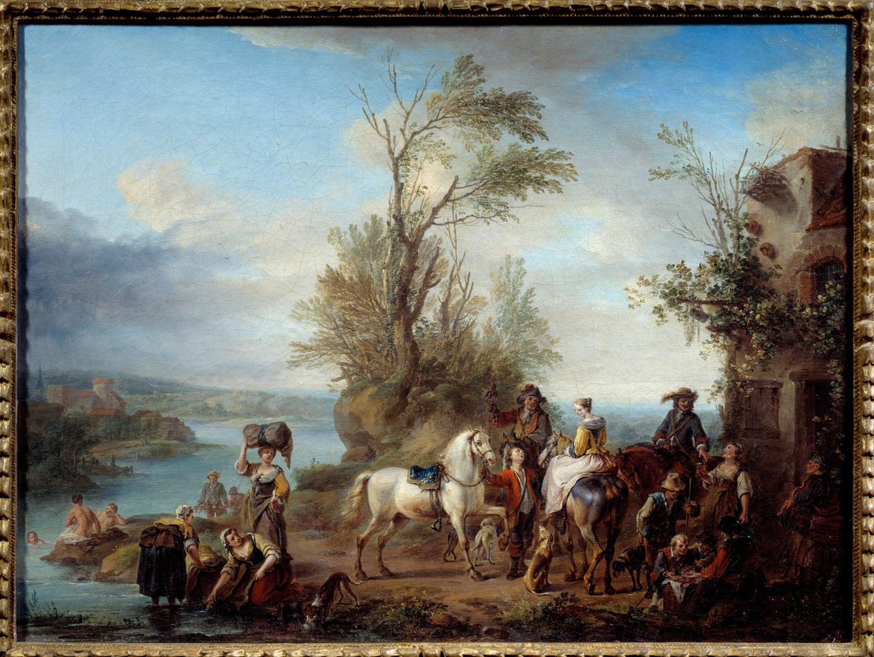 اذهب لصيد Lavandieres والسباحة على ضفاف النهر. رسم لكاريل فان فالينز (1683-1733) 1726 صن. 0،45 × 0،6 م بواسطة كاريل فان فالينز أو فالنس