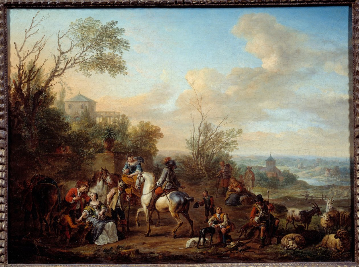 توقف الصيادين الرسم بواسطة كاريل فان فالنس (1683-1733) شمس القرن الثامن عشر. 0.45x0.6 م بواسطة كاريل فان فالينز أو فالنس