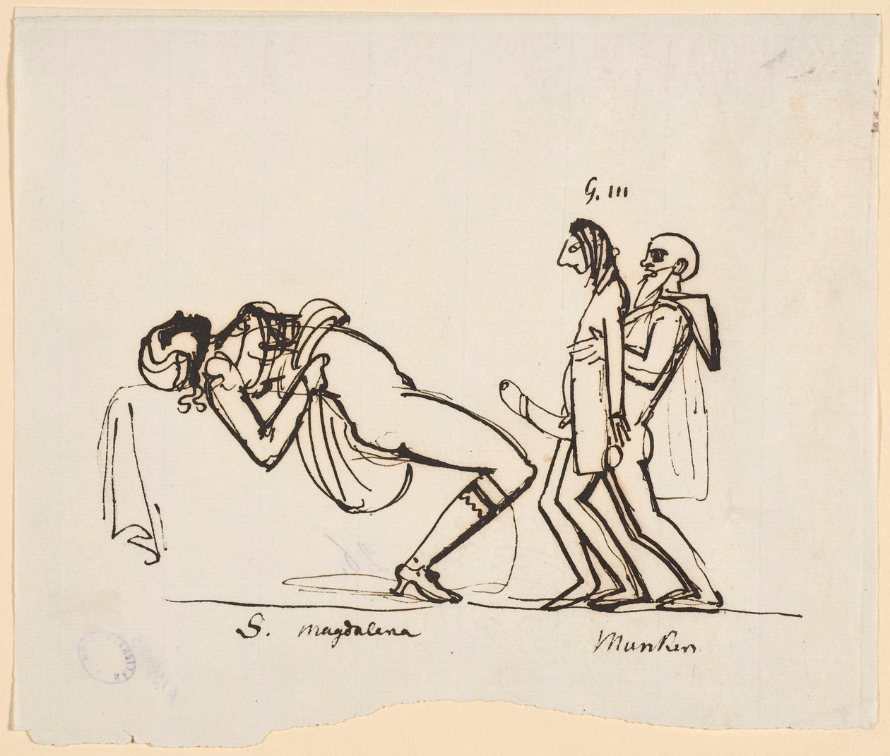 رسم كاريكاتوري لمحاولة جوستاف الثالث لإنتاج وريث. يساعد Adolf Fredrick Munck Gustav في أول اتصال جنسي له مع Sofia Magdalena (Carl August Ehrensvärd، ca. 1770s) بواسطة Carl August Ehrensvärd