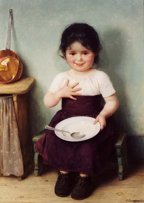 تجلس فتاة صغيرة في منطقة ريفية داخلية إسبانيول: Nina en la cocina 1904 ، obra de Carl von BergennFrancais: Petite fille a la cuilleren بواسطة كارل فون بيرغن