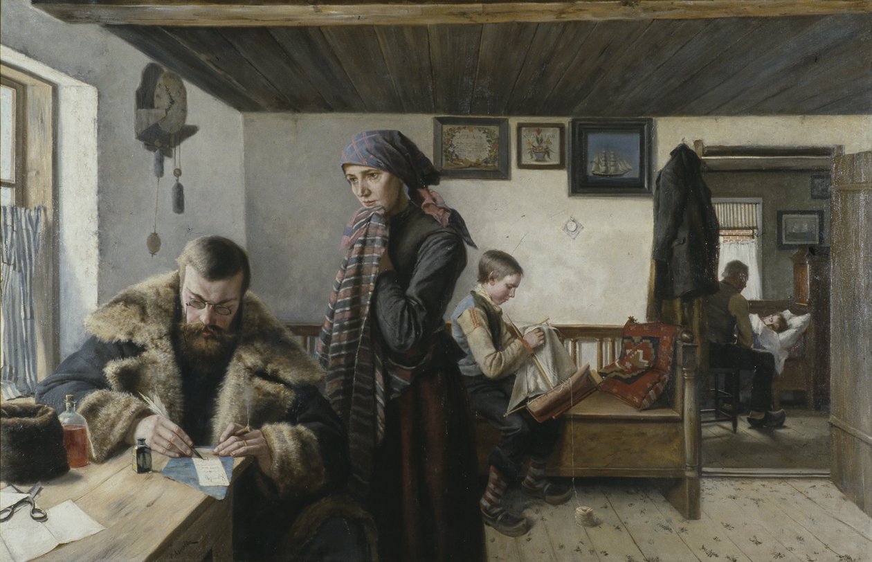 قم بزيارة منزل الطبيب - زيارة طبيب منزلية ، بواسطة أسبلين ، كارل (1857-1932). زيت على قماش. الأبعاد: 137.5 × 212 سم. المتحف الوطني ستوكهولم بواسطة كارل أسبلين