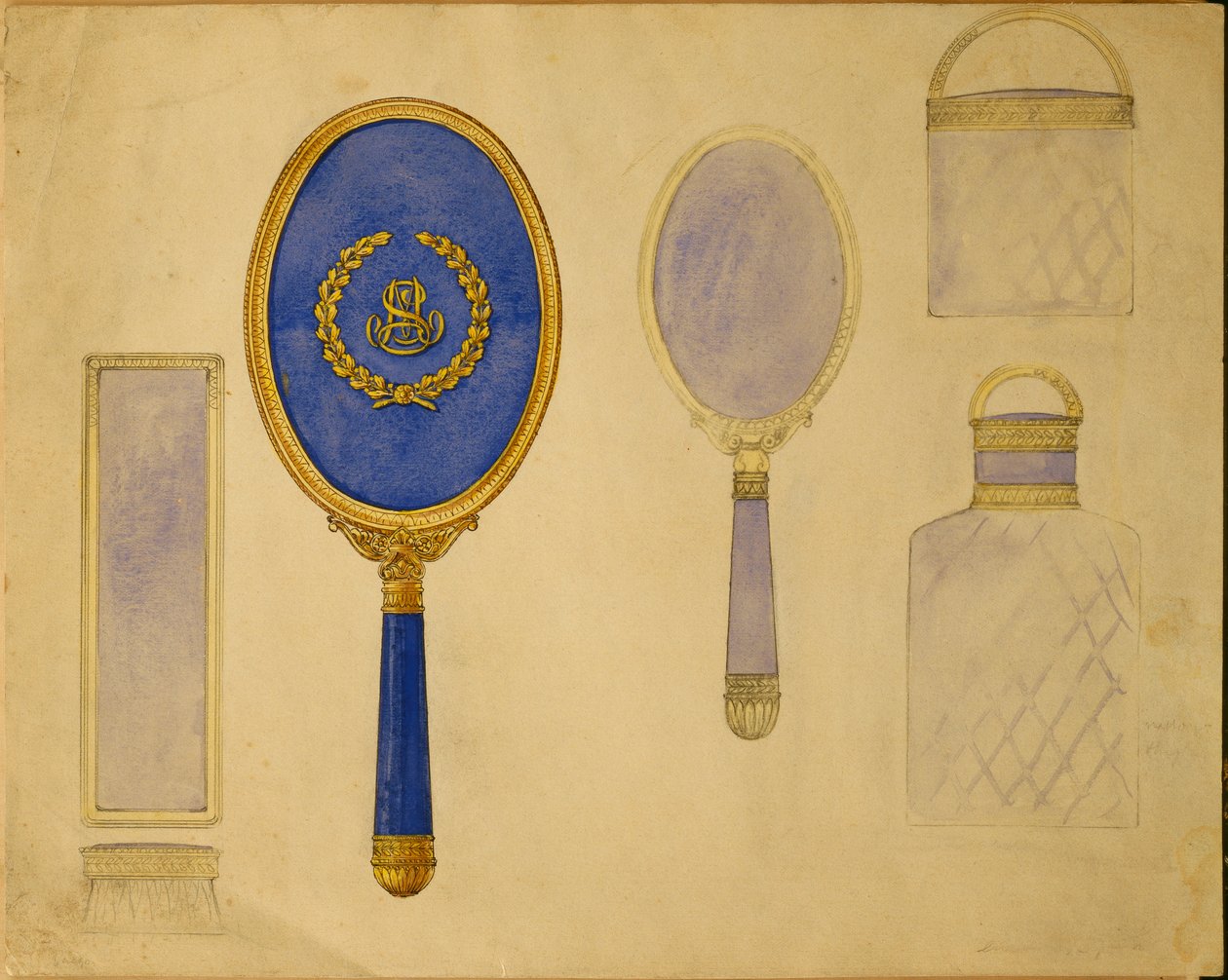 مجموعة مختارة من التصاميم من House of Carl Faberge بما في ذلك مرآة يد بيضاوية ومرآة أصغر وزجاجتين مثبتتين بواسطة كارل فابيرج