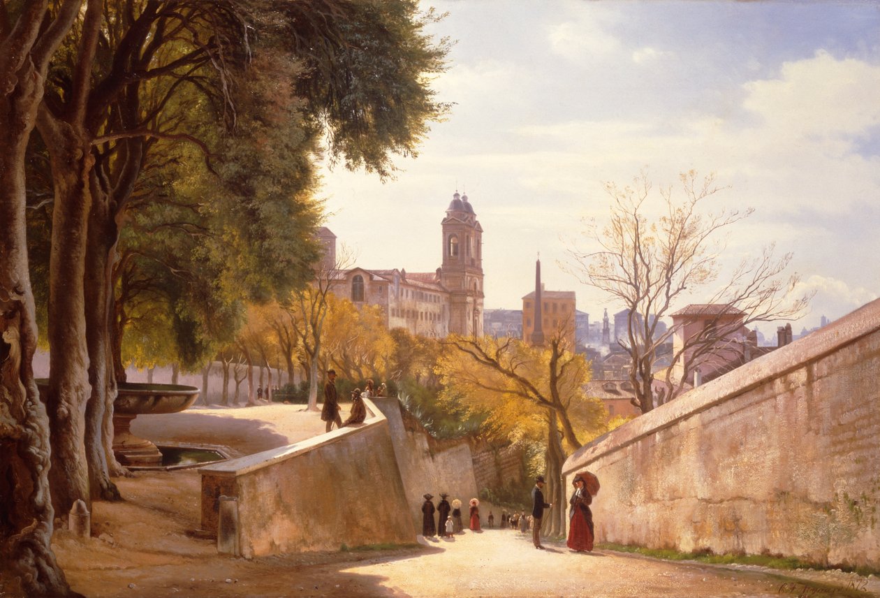 منظر لـ Viale Trinità dei Monti مع نافورة Villa Medici ، يُرى من Via di San Sebastianello ، روما بواسطة كارل فريدريك أجارد