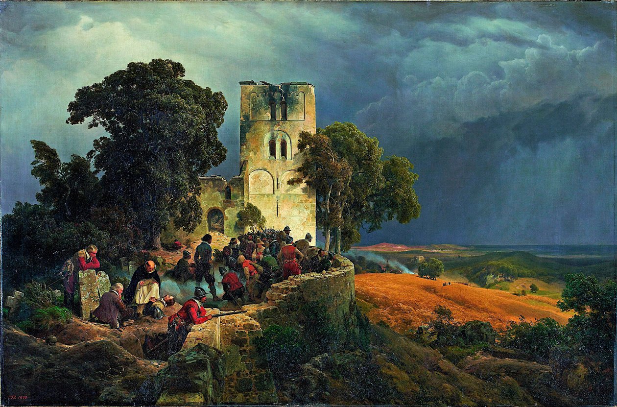 "" الحصار "" الدفاع عن الكنيسة خلال حرب الثلاثين عامًا (1618-1648) (الحصار (الدفاع عن فناء الكنيسة خلال حرب الثلاثين عامًا) رسم لكارل فريدريش ليسينج (1808-1880) 1848 قاتمة 116 × 177 cm متحف Kunstpalast ، دوسلدورف بواسطة كارل فريدريش ليسينج