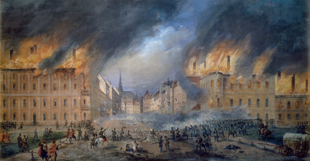 معركة في ستيرنباريكيد في ياجرزيل في 28 أكتوبر 1848 ، ثورة في فيينا ، حريق في المدينة ، رسم لكارل جوبل (1824-1899) ، النمسا بواسطة كارل جويبل
