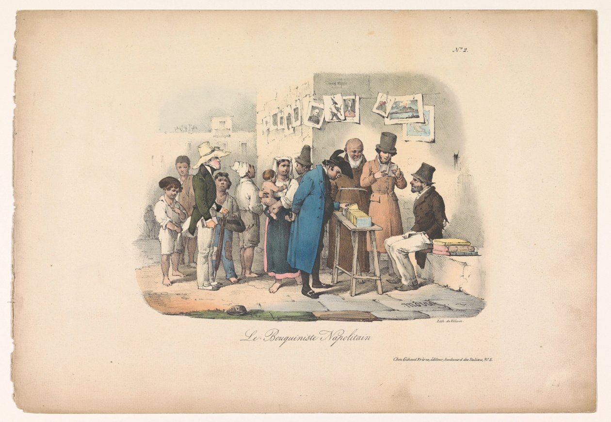 كشك بائع الكتب في نابولي Le bouquiniste Napolitain (العنوان على الكائن) مشاهد النوع في نابولي (عنوان المسلسل) Scenes Populaires de Naples and Douze Tableaux (عنوان السلسلة) بواسطة كارل جوستاف حجلمار مورنر