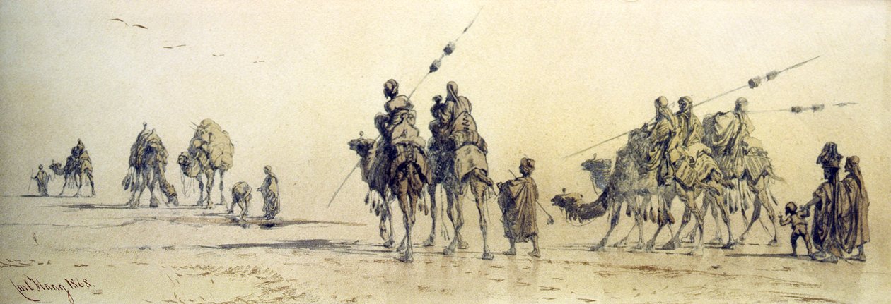 قافلة بدوية تقترب من بئر في الصحراء ، 1868 (قلم رصاص ويغسل على ورق) بواسطة كارل هاج