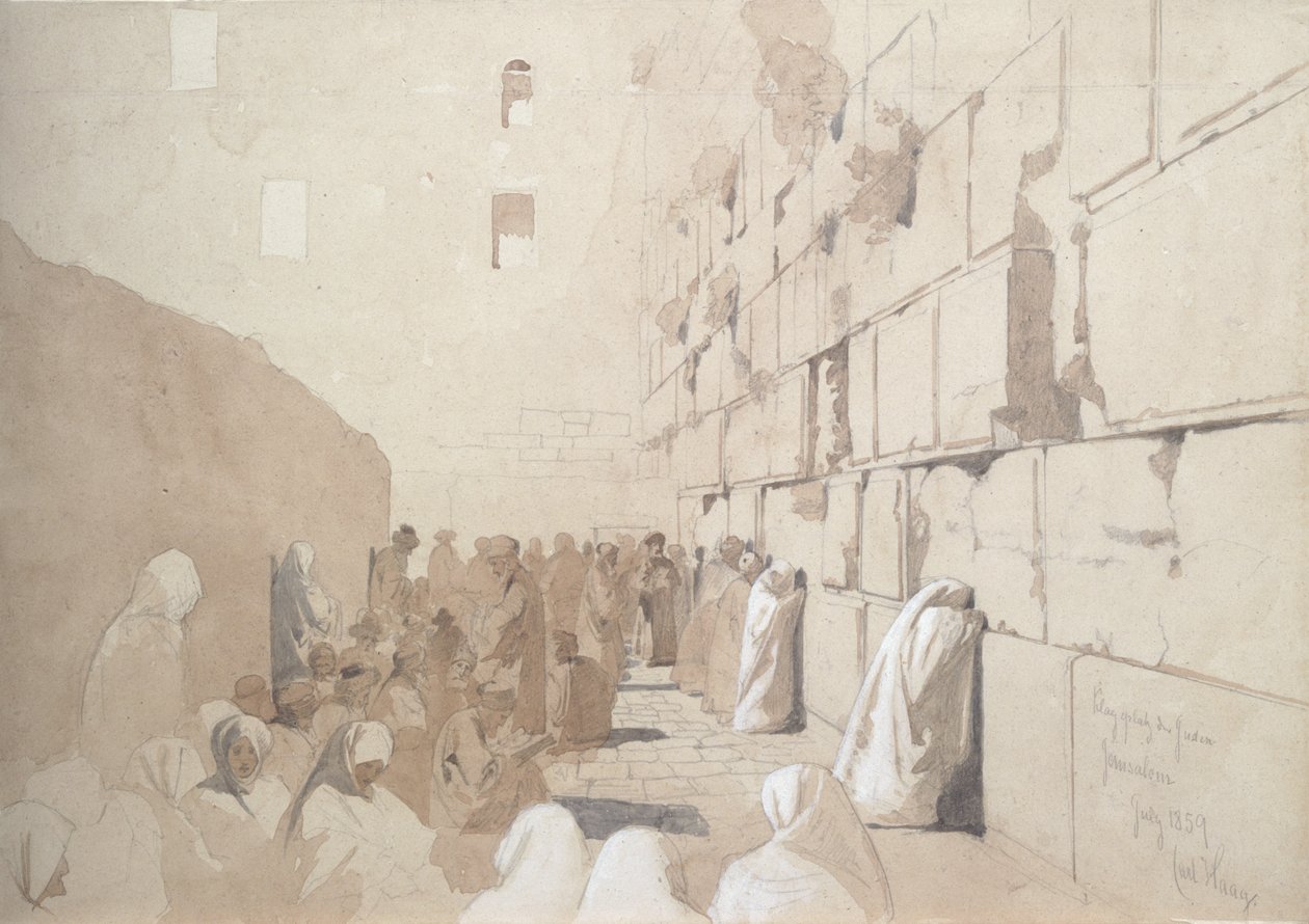 `` Am Klageplatz der Juden &39;&39; ، حائط المبكى في القدس ، 1869 (قلم رصاص وغسول مرتفع باللون الأبيض على الورق) بواسطة كارل هاج