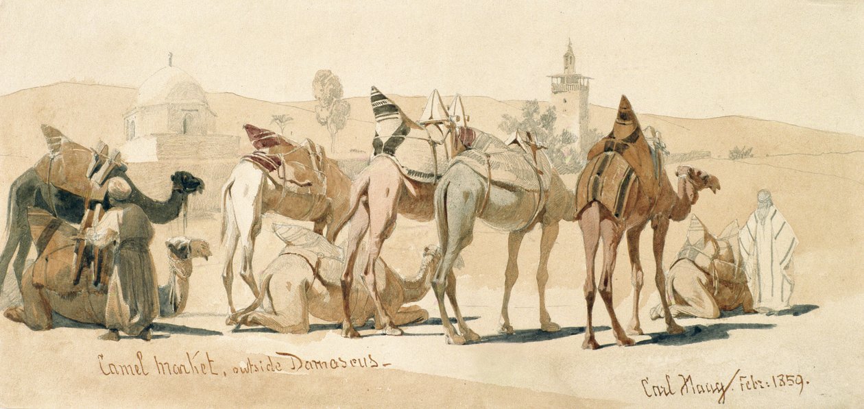 سوق الجمل خارج دمشق ، 1859 (قلم رصاص وغسل على ورق) بواسطة كارل هاج