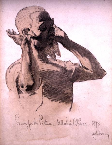 صلاة الشكل ، دراسة للصورة ، الله أكبر ، 1873 (قلم رصاص وغسل ألوان مائية على ورق) بواسطة كارل هاج