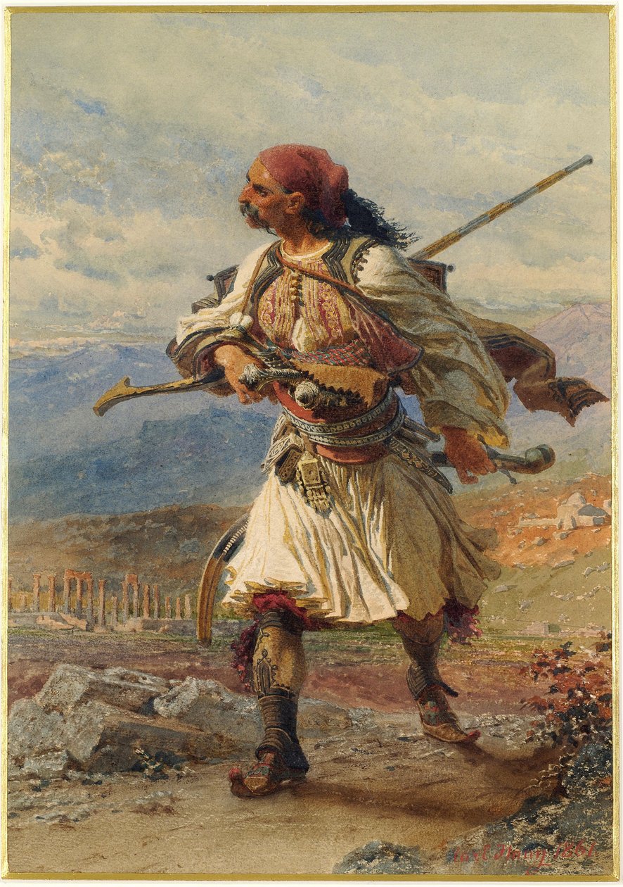 صورة لارماتول ، محارب يوناني ، في وقت حرب الاستقلال اليونانية (1821-1830) - عمل لكارل هاج (1820-1915) ، لوحة مائية وغواش على ورق (35 × 25 سم) بواسطة كارل هاج