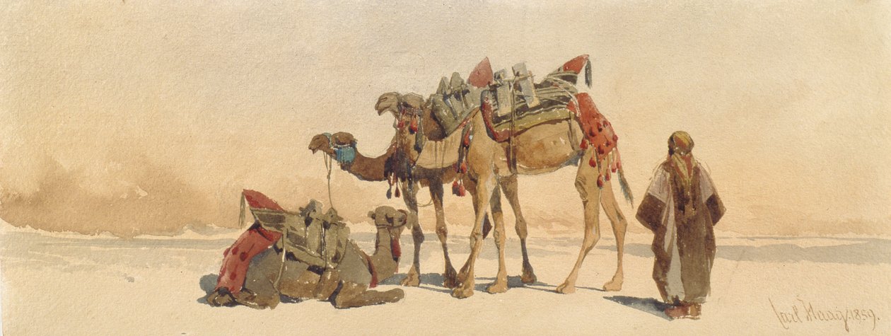 استراحة بثلاث جمل في الصحراء 1859 بواسطة كارل هاج