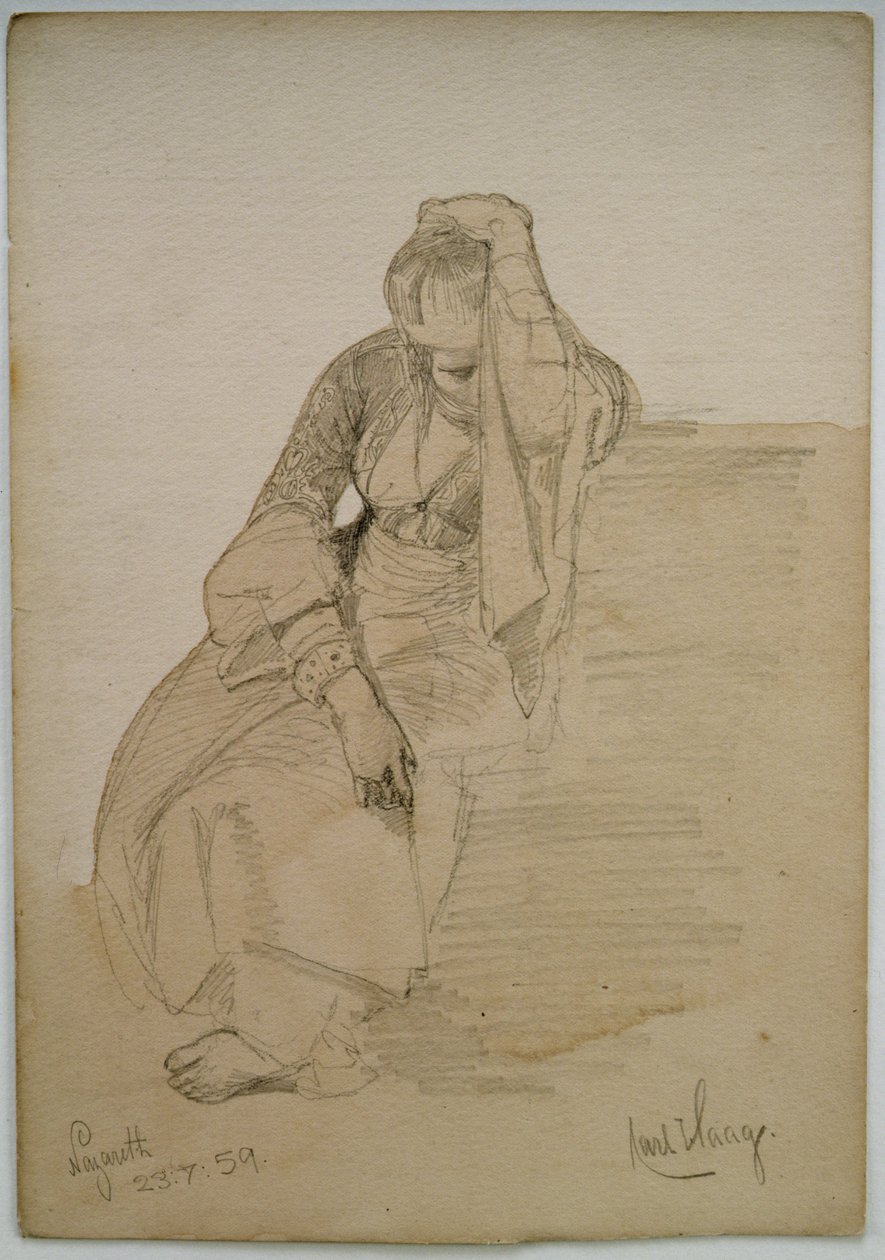 دراسة سيدة جالسة ، الناصرة ، 1859 (قلم رصاص ومغسلة على ورق) بواسطة كارل هاج