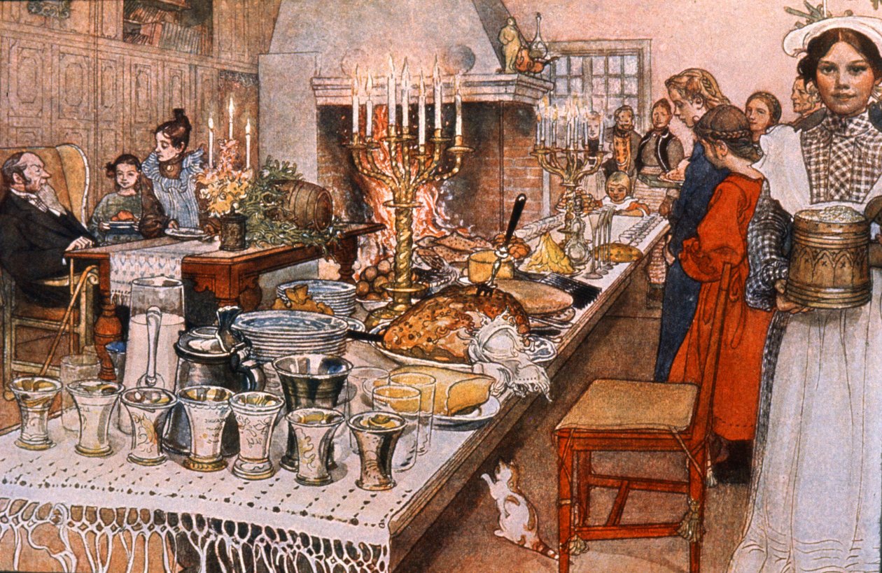 عشاء ليلة عيد الميلاد في السويد ، أوائل القرن العشرين (رسم توضيحي) بواسطة كارل لارسون