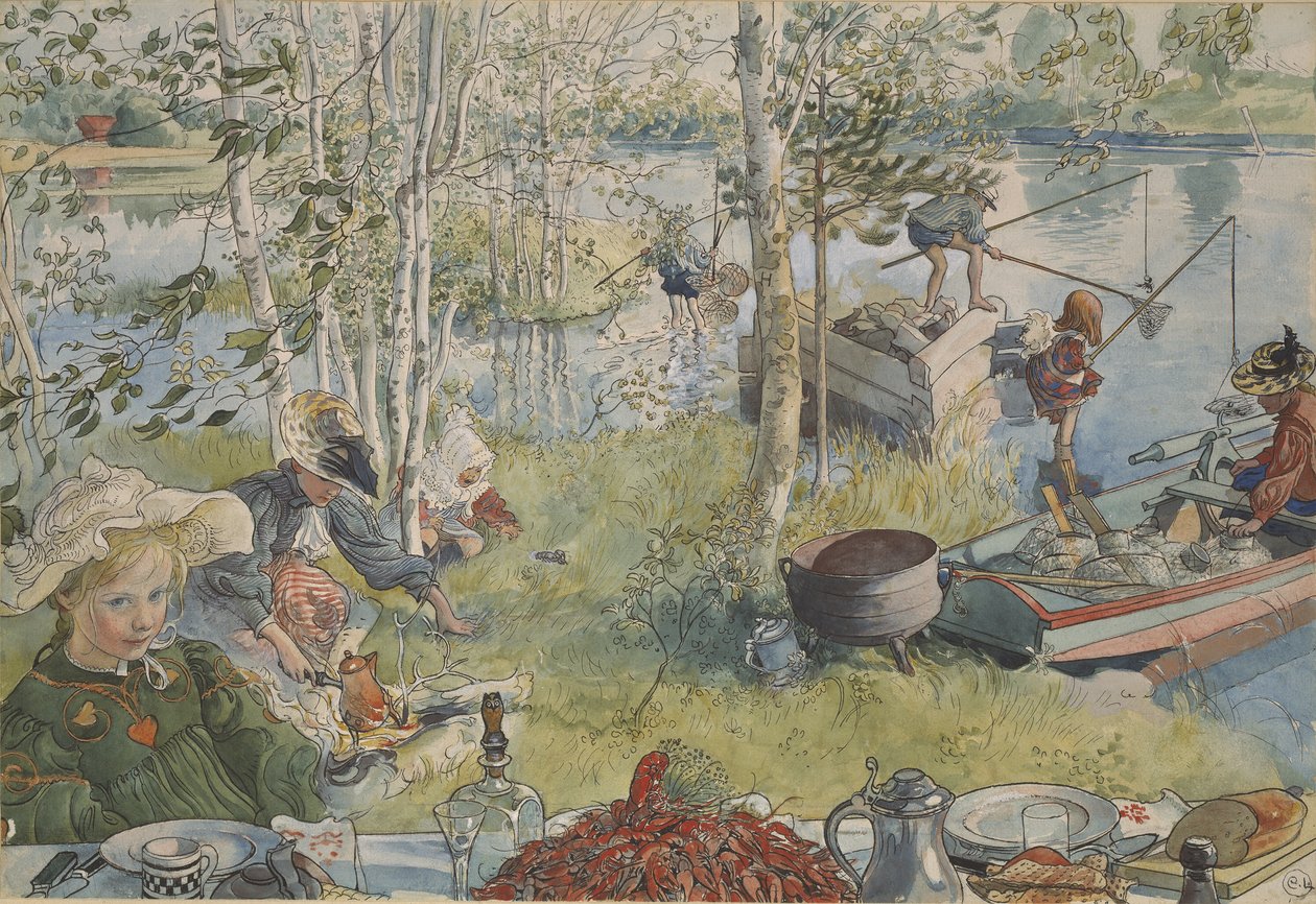 صيد جراد البحر - Crayfishing ، بقلم لارسون ، كارل (1853-1919). ألوان أكريل على ورق. الأبعاد: ٣٢ × ٤٣ سم. المتحف الوطني ستوكهولم بواسطة كارل لارسون