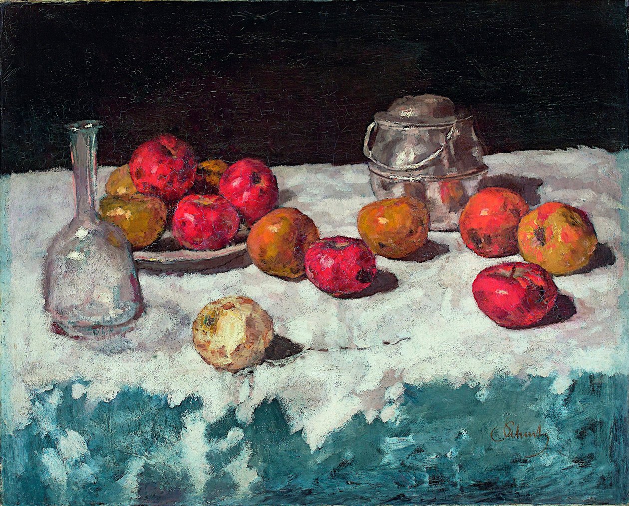 "" Nature morte aux pommes "(لا تزال الحياة مع التفاح) Peinture de Carl Schuch (1846-1903) 1889 زيت على قماش قاتم 66،2x81،6 سم متحف Kunstpalast ، دوسلدورف بواسطة كارل شوتش