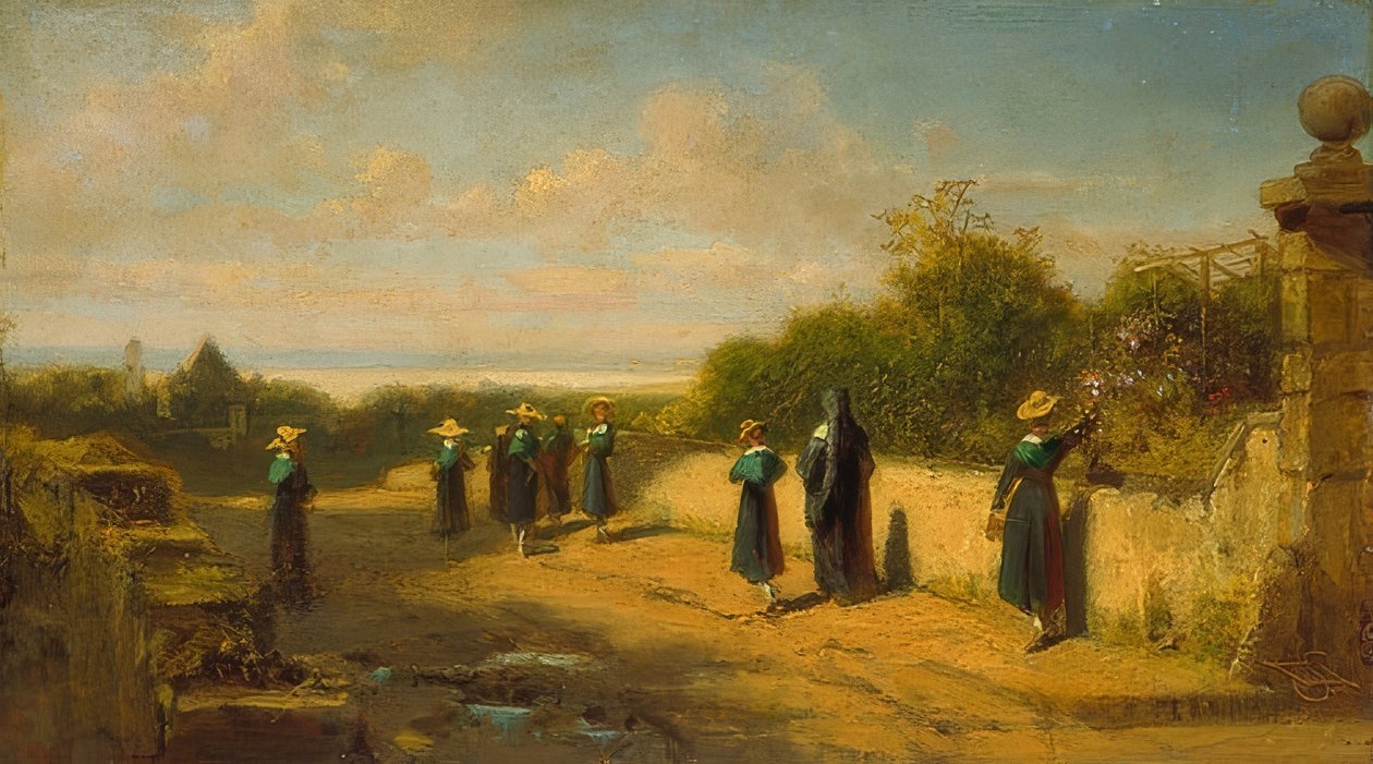 الفتيات الصعود إلى المنزل على المشي. حوالي عام 1870 بواسطة كارل سبيتزويج