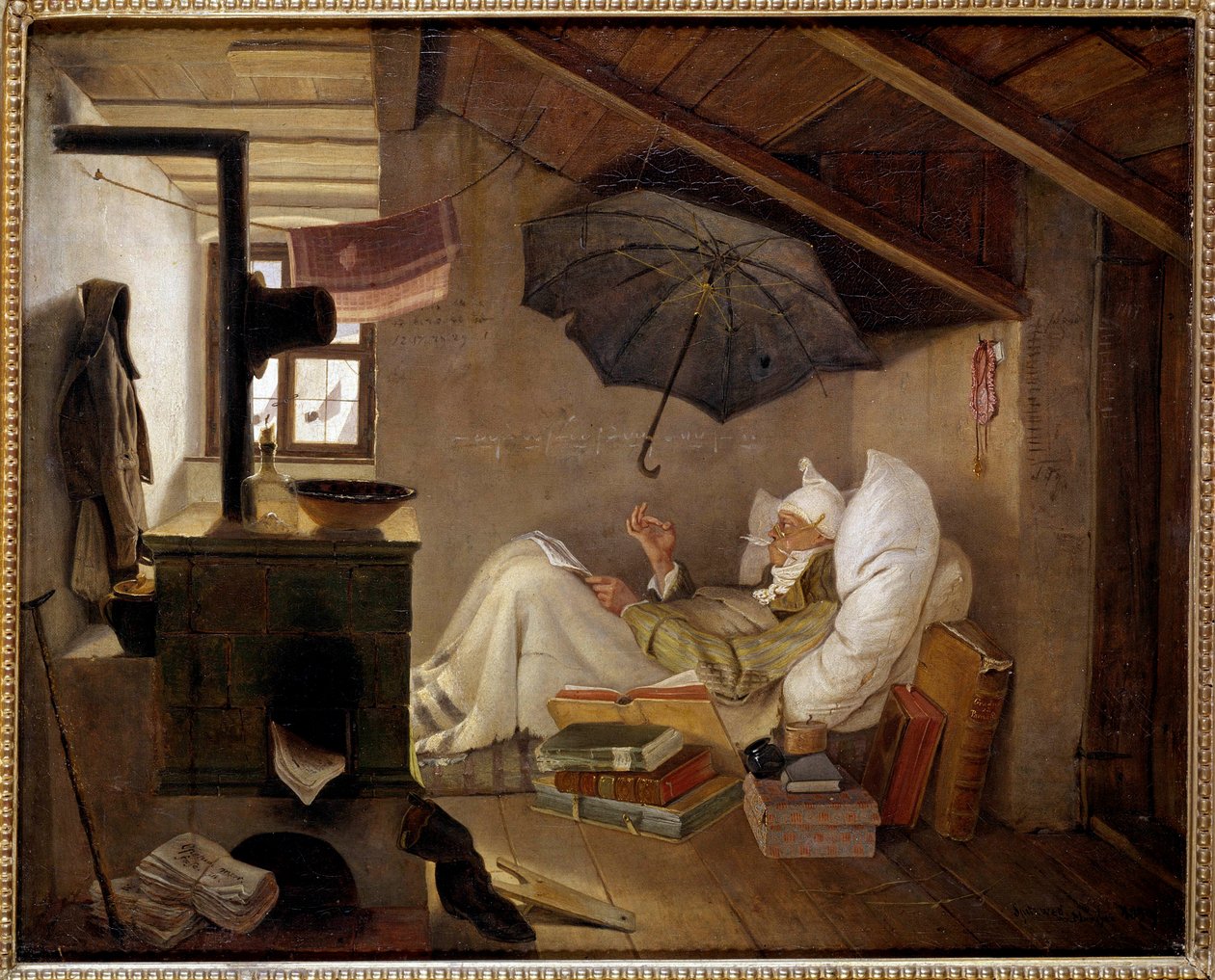شاعر مسكين رجل عجوز يرقد في العلية. رسم كارل سبيتزويج (1808-1885) 1839. Dim. 0.36 × 0.44 م برلين ، متحف ألتيس ، ألمانيا - الشاعر الفقير. رجل عجوز طريح الفراش في العلية. رسم كارل سبيتزويغ (1808-1885) بواسطة كارل سبيتزويج