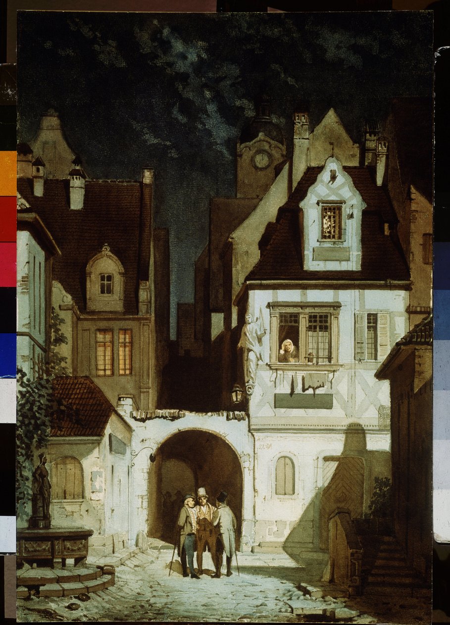 زاوية مدينة ألمانية في مون لايت. رسم كارل سبيتزويج (1808-1885). لوحة مائية على ورق ، 68.5 × 46.5 سم. الفن الألماني في القرن التاسع عشر. متحف بوشكين للفنون الجميلة ، موسكو. بواسطة كارل سبيتزويج