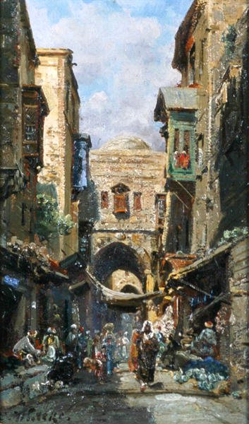 شارع داود في القدس حوالي ١٨٩٠ (زيت على ظهر السفينة) بواسطة كارل واتكي