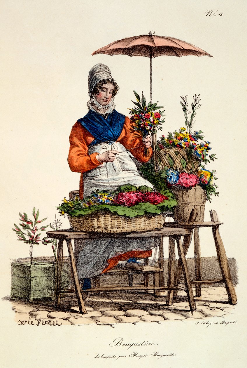 Bouquetiere des bouquets for Margot Margueritte ، مطبوعة من إنتاج Delpeck ، من "Cris de Paris" ، 1820 (نقش يدوي) بواسطة كارل فيرنت