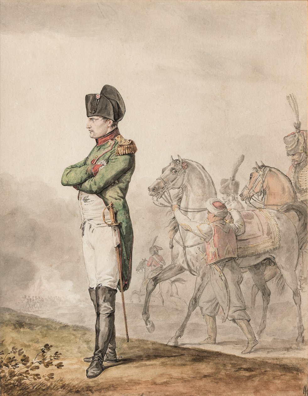 الإمبراطور نابليون بونابرت الأول (1769-1821) في أوسترليتز (قلم رصاص وألوان مائية معززة باللون الأبيض) بواسطة كارل (Attr. to) Vernet